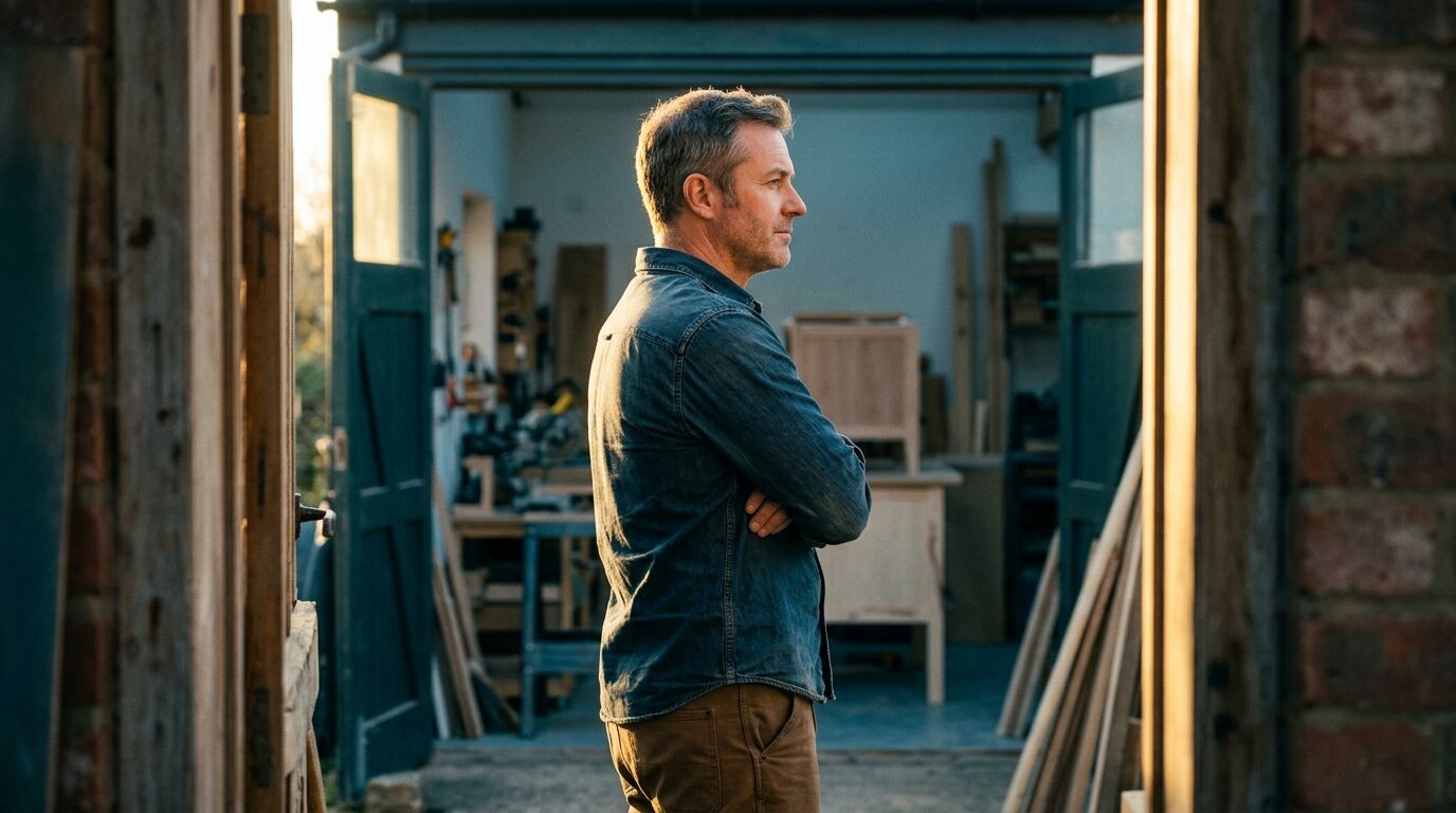 A small business owner standing in his workshop doorway, illustrating life insurance cash value creditor protection