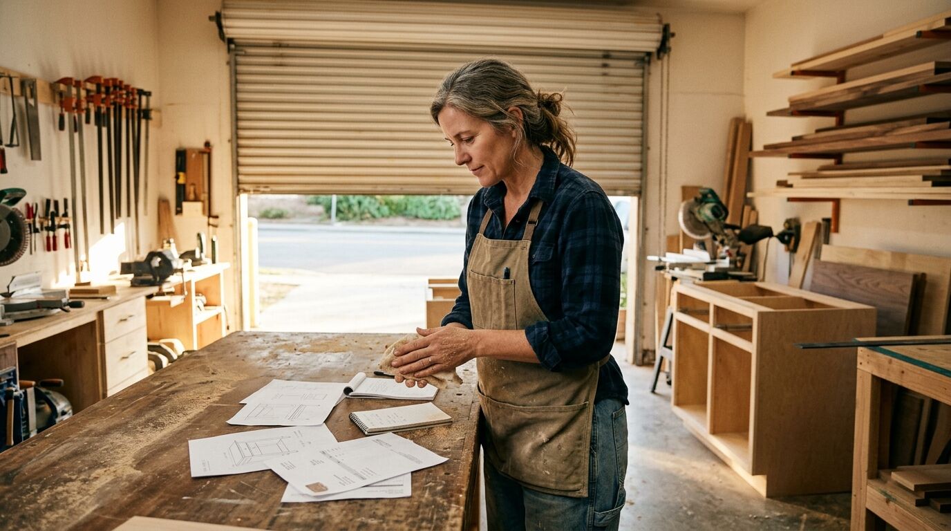 A self employed cabinet maker reviewing paperwork in her own shop, illustrating life insurance for self employed workers