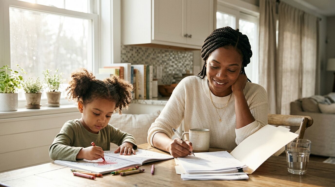 Single parent at a kitchen table with a child, reviewing papers on life insurance for single parents