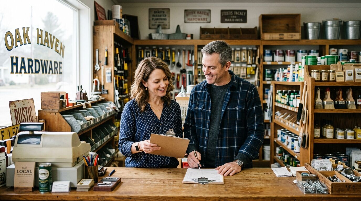 Small business owners reviewing life insurance options at the counter of their shop