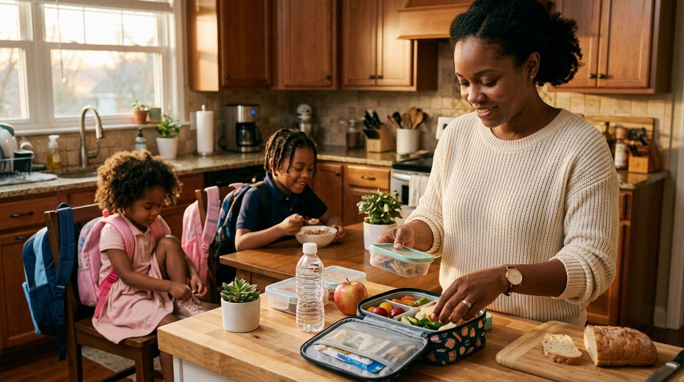 Parent packing school lunches in a sunlit kitchen, the daily work behind life insurance for stay at home parents