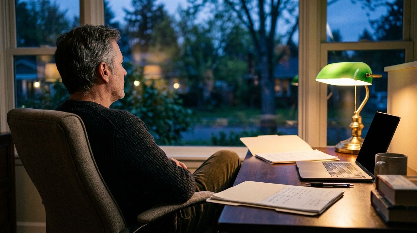 A saver at a home desk comparing 401k statements with a life insurance policy