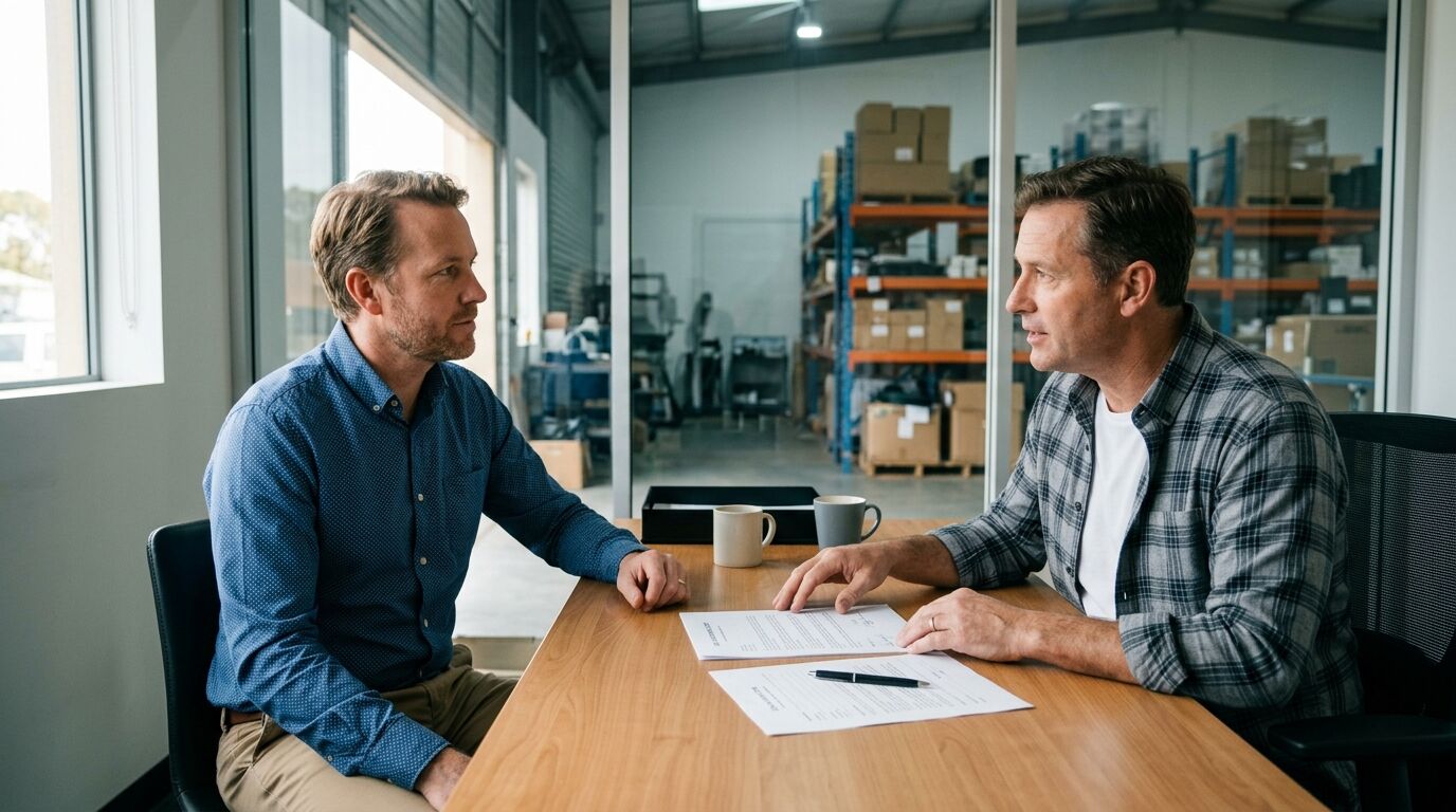 A small business owner reviewing SBA loan closing documents and a life insurance collateral assignment form with a lender