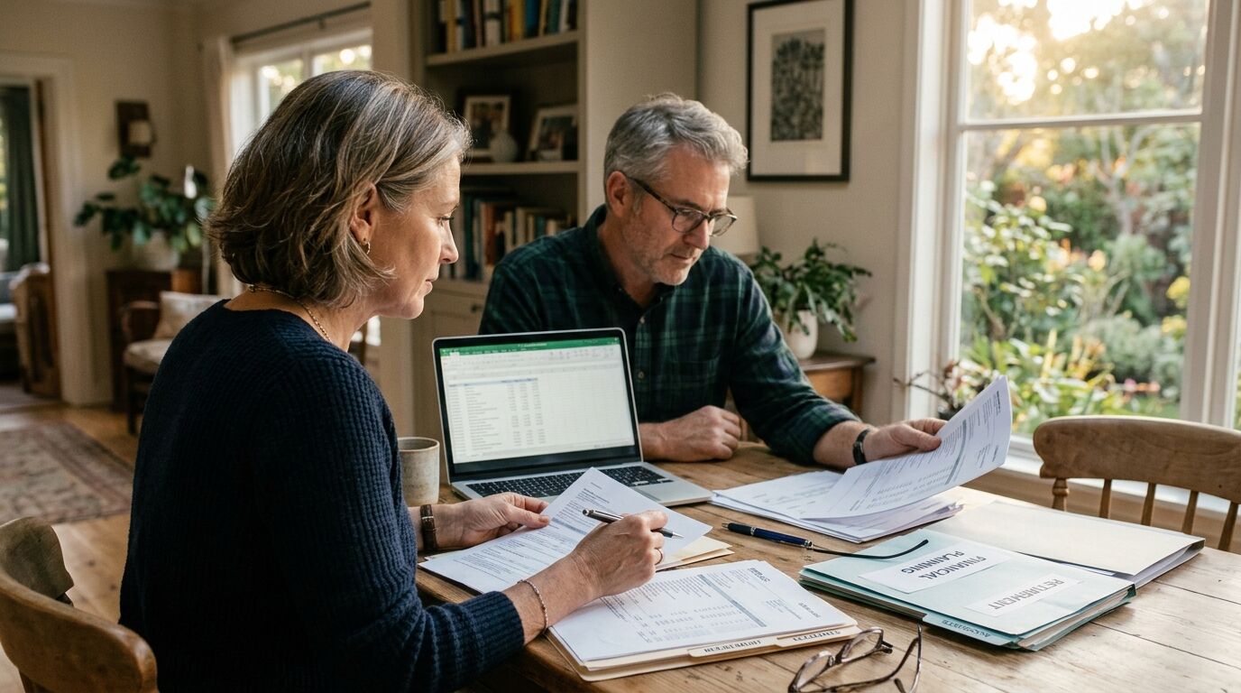 Couple in their fifties reviewing a life insurance retirement plan at their dining table