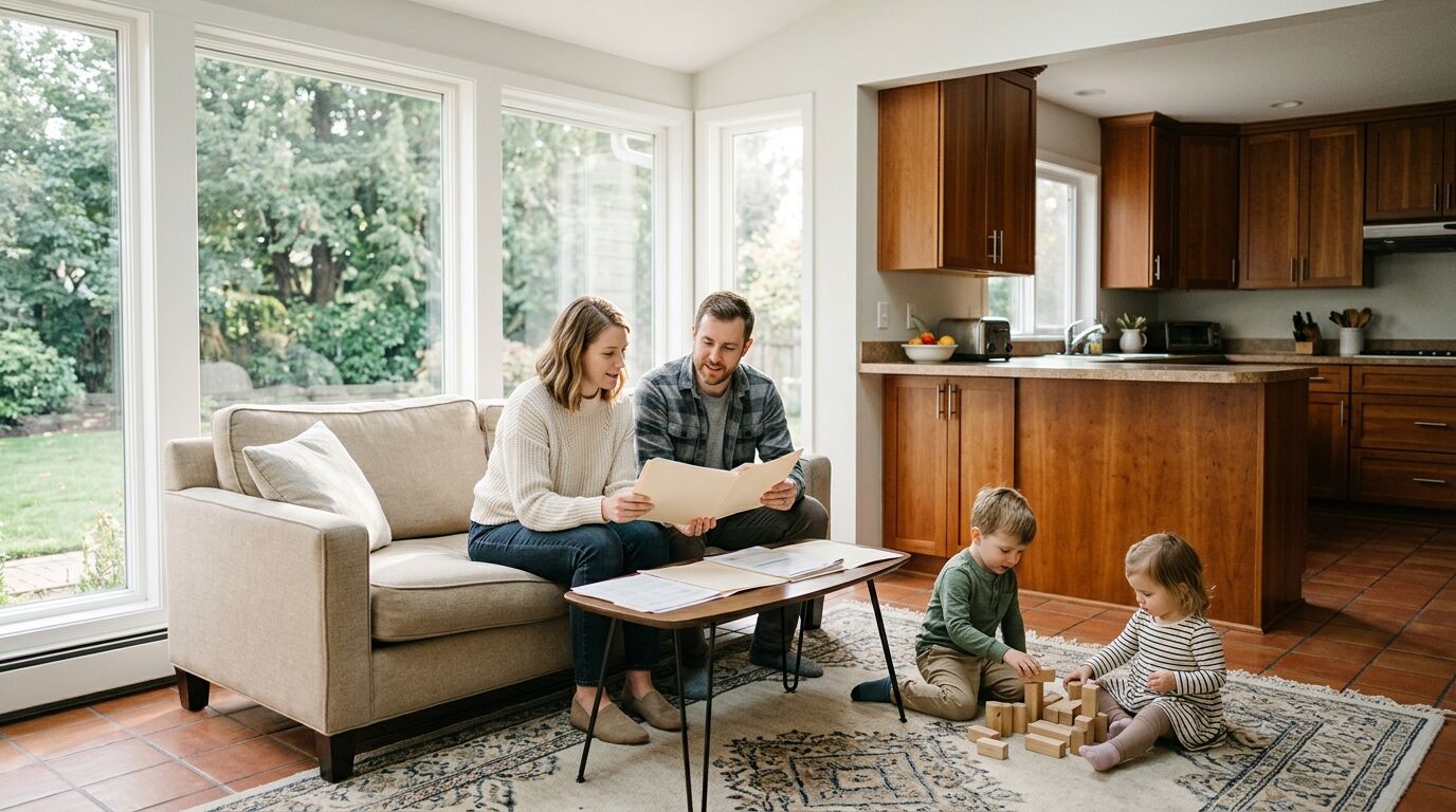 A young couple on a sunroom sofa reviewing a folder of documents while two small children play with wooden blocks, illustrating a life insurance trust for minor children