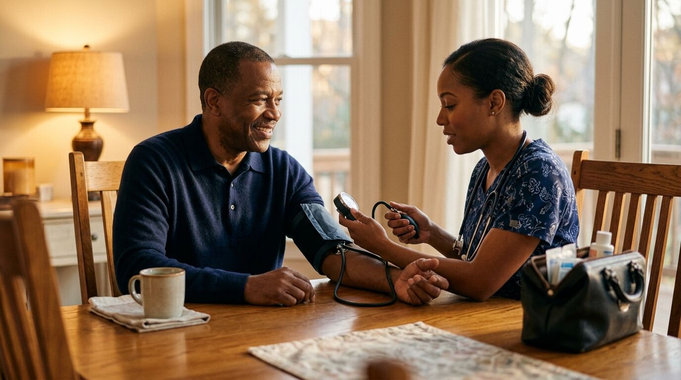 Nurse checking a man's blood pressure at his kitchen table during the life insurance underwriting process