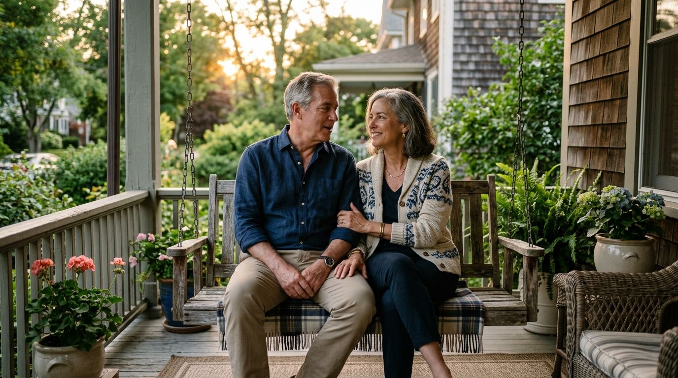 A husband and wife talking quietly on a front porch, illustrating living benefit riders on whole life insurance