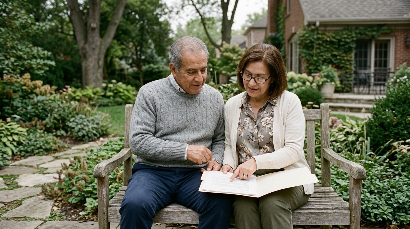 A married couple in their late sixties reviewing papers together on a garden bench while discussing long term care planning options