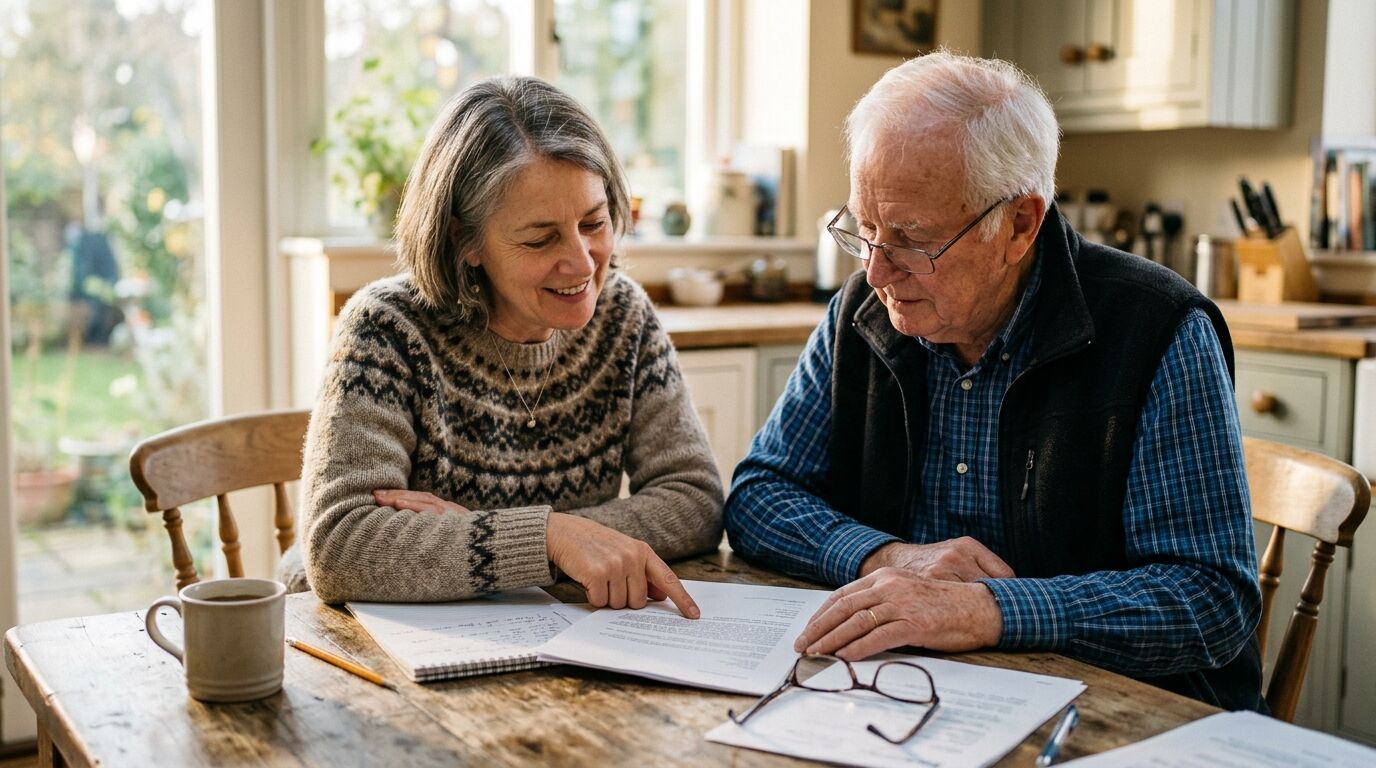 An adult daughter and her father reviewing long term care insurance paperwork together at a kitchen table