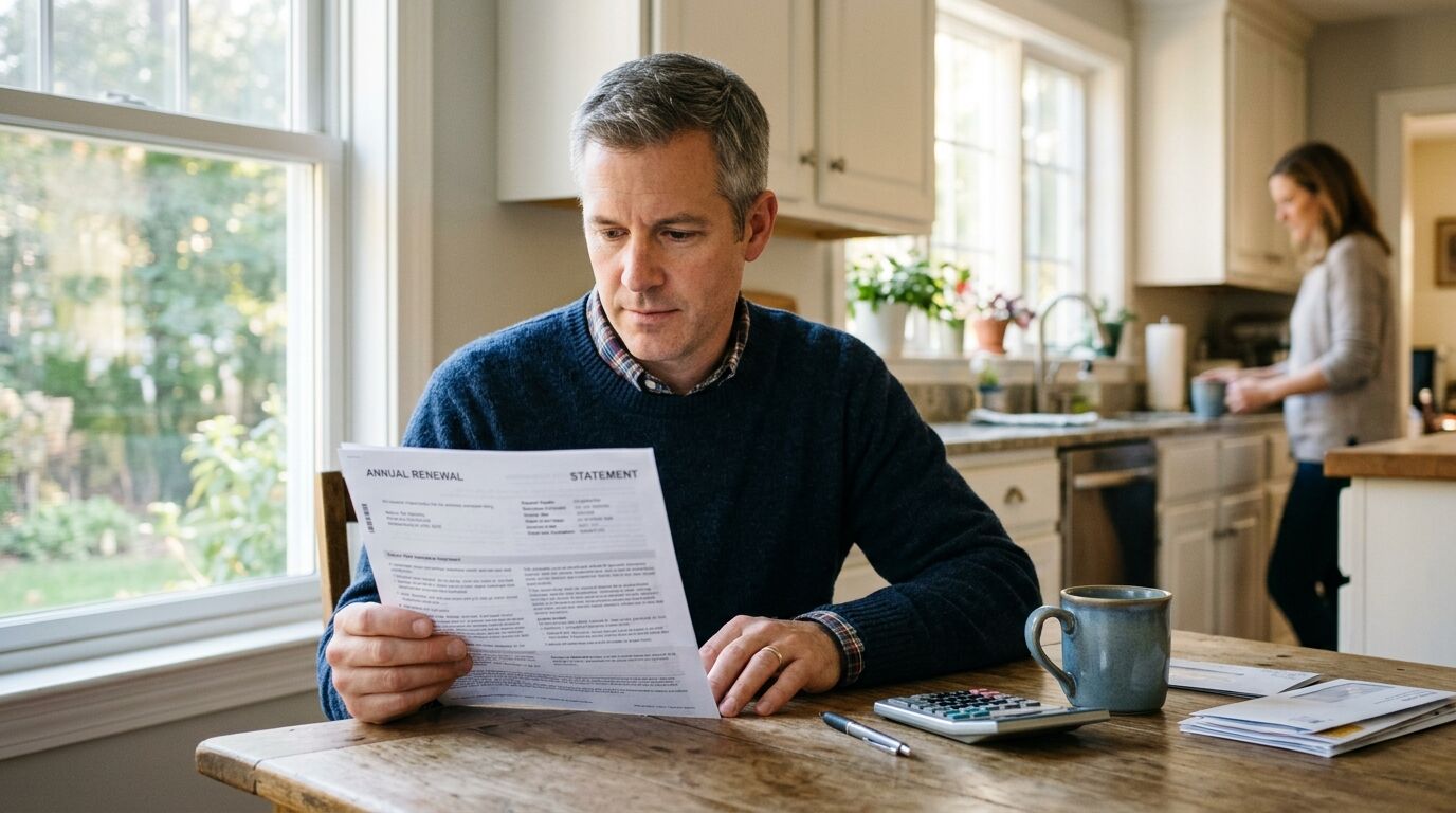 Man at a kitchen table reviewing a life insurance policy statement and checking the modified endowment contract limit