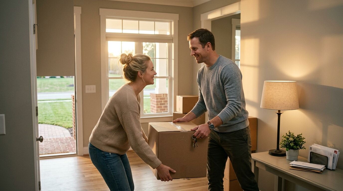 A young couple in the entryway of their first house, the moment mortgage protection insurance for new homeowners is worth arranging