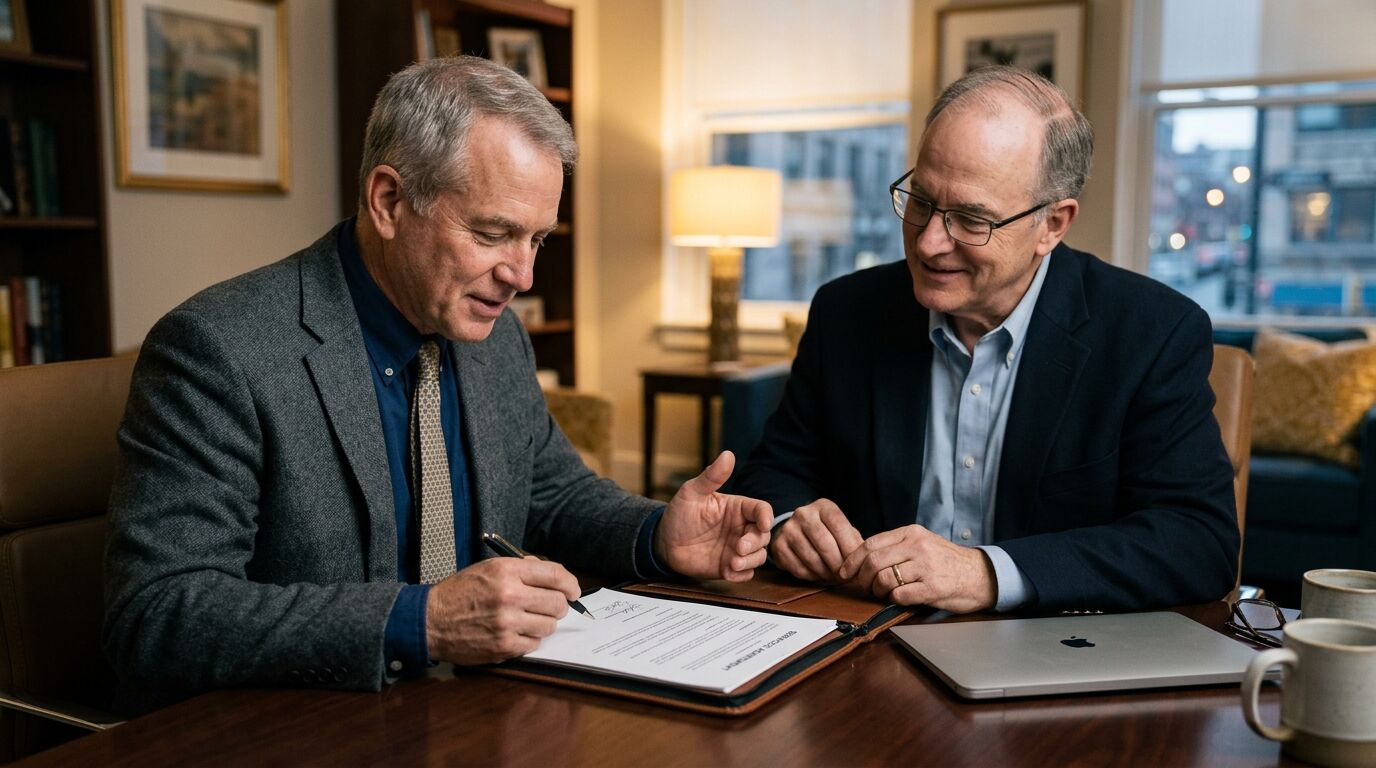 Business owner and a key executive reviewing a deferred compensation agreement together, a nonqualified deferred compensation plan funded with life insurance
