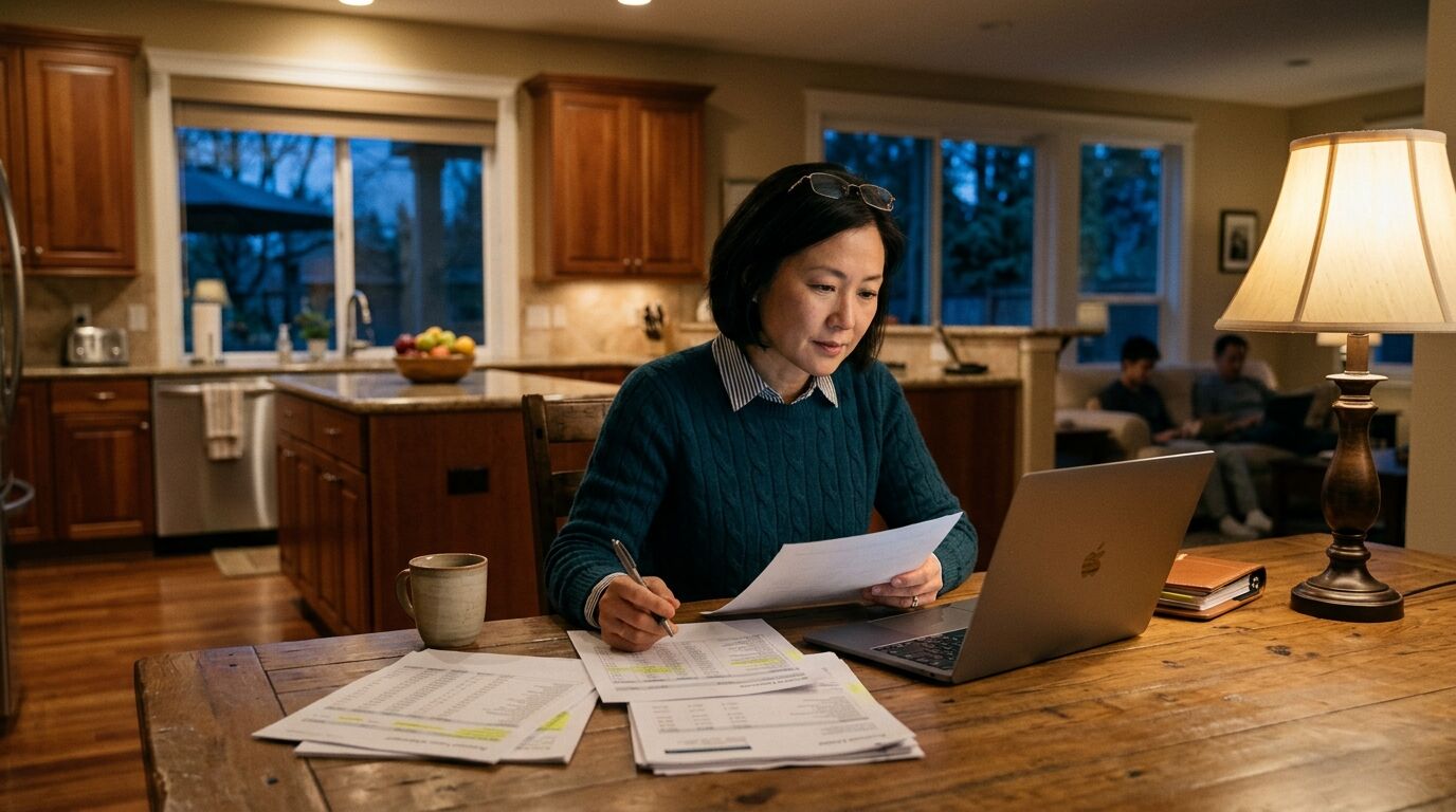 A high income earner at a kitchen table reviewing account statements while considering overfunded life insurance
