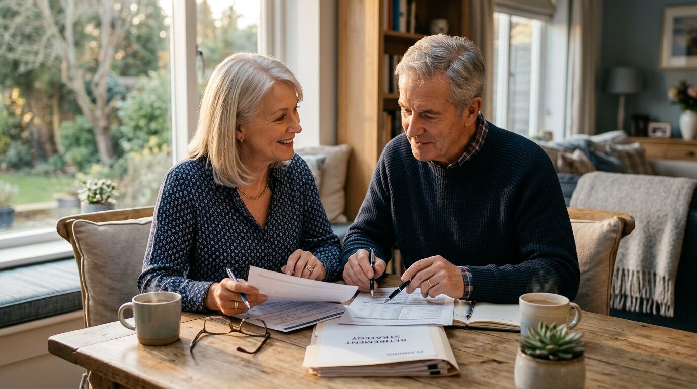 A retired couple reviewing pension maximization with life insurance paperwork at home