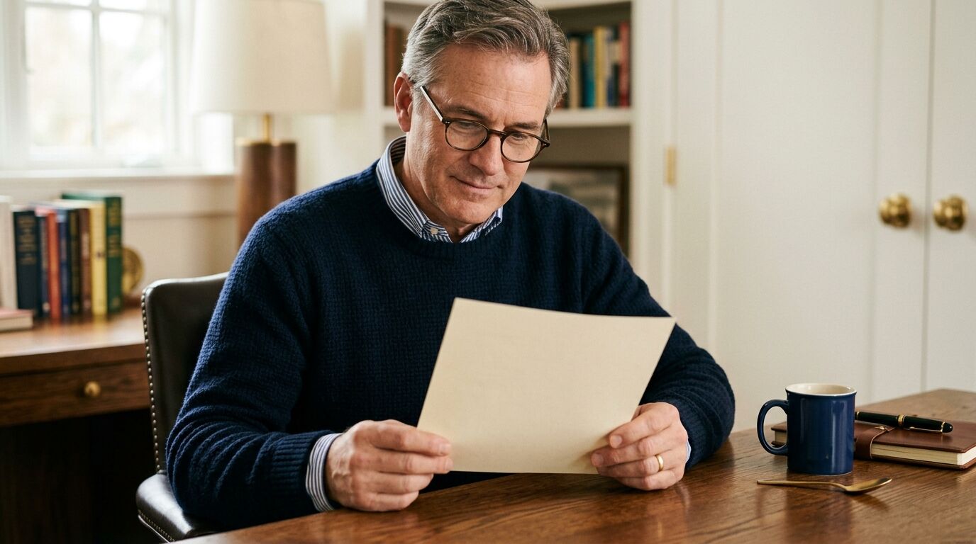 Whole life policy owner at a desk weighing a policy loan against a withdrawal