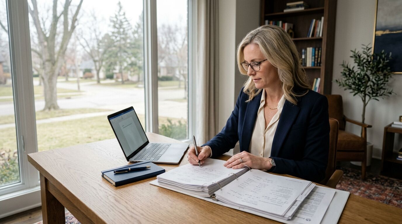 Business owner reviewing a premium financing life insurance proposal with a lender term sheet on the desk