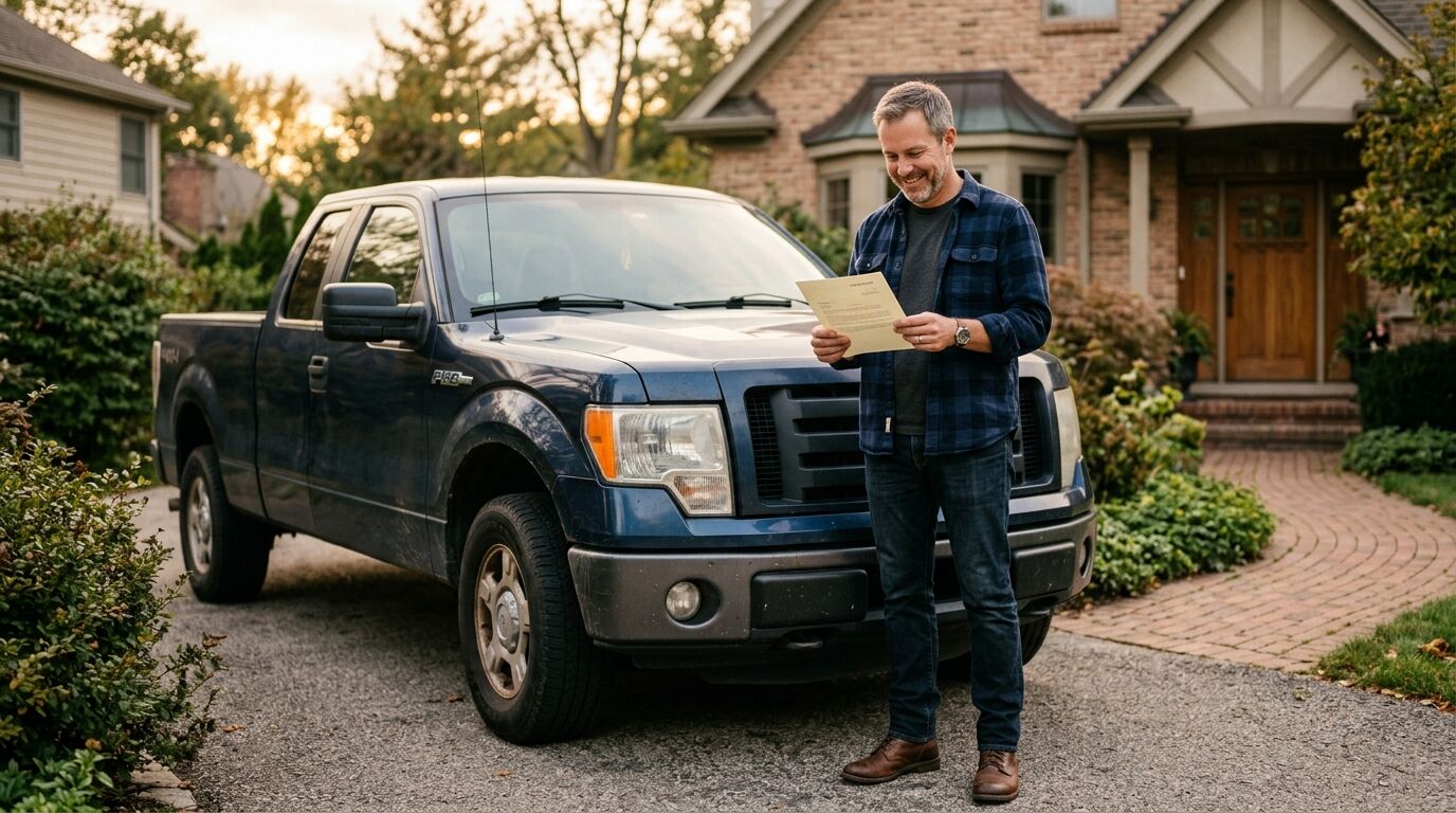 A man reviewing a truck loan payoff letter in his driveway, the everyday moment behind recapture interest infinite banking