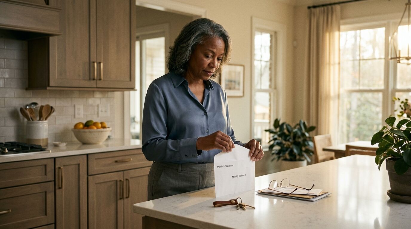 A woman in her sixties at her kitchen counter reviewing income from replacing a pension with an annuity
