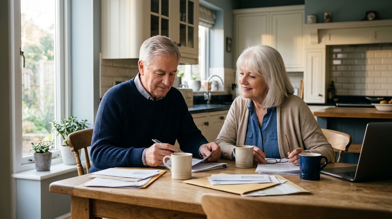 Retired couple at a kitchen table reviewing required minimum distribution strategies with paperwork