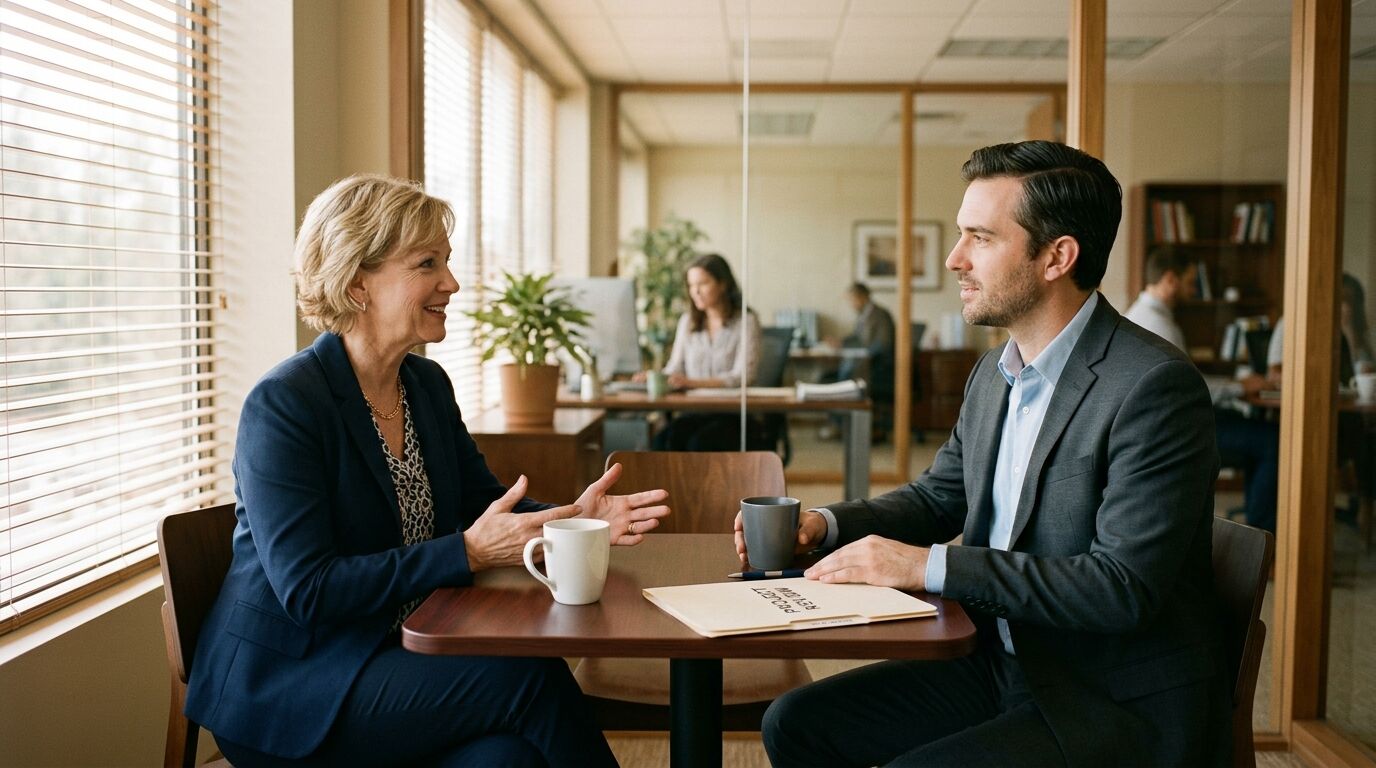 A business owner and a key executive talking across a desk, the setting for a restrictive endorsement bonus arrangement