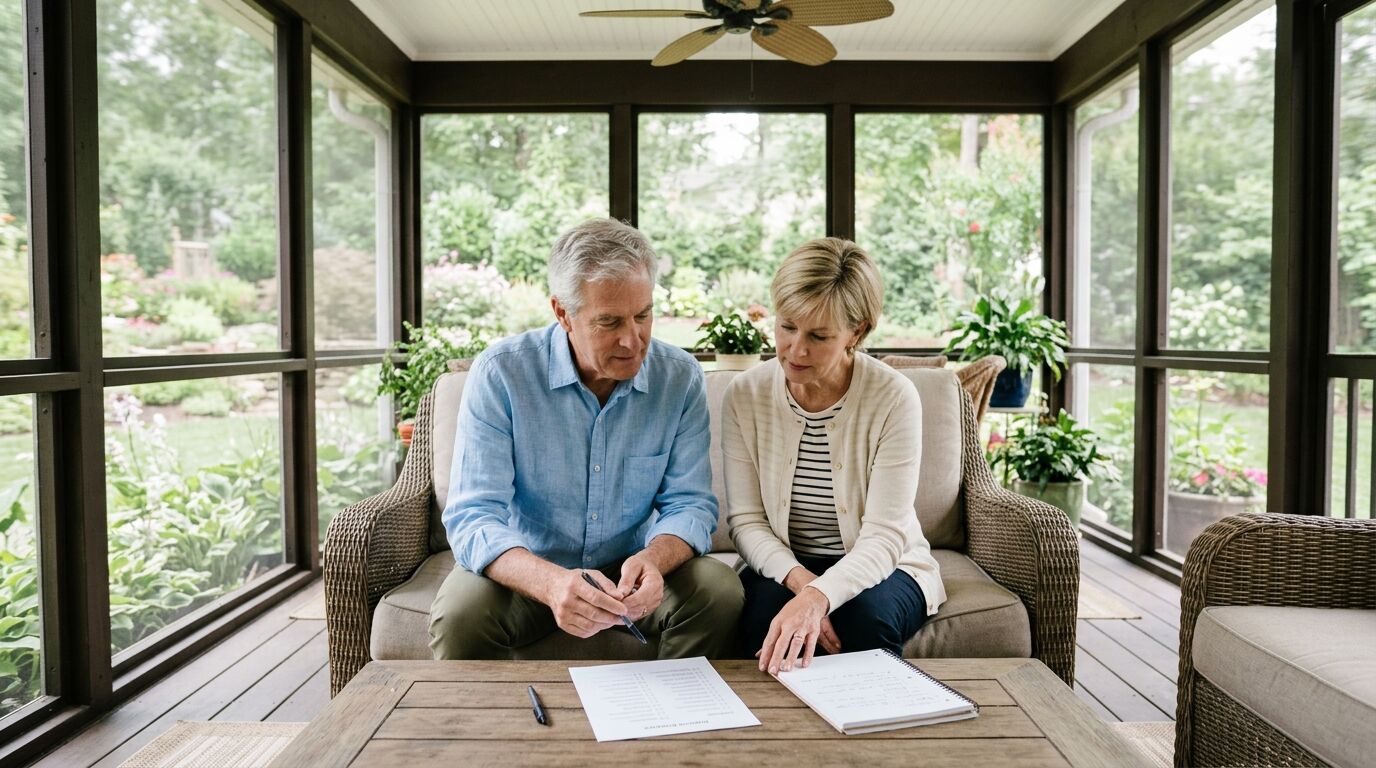 A couple in their early sixties on a screened porch sofa reviewing a retirement income plan checklist together