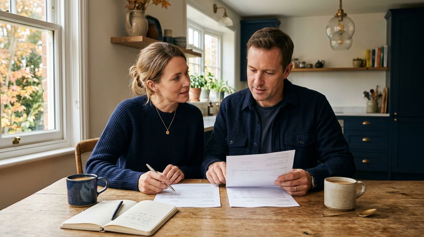Couple comparing a Roth IRA statement with a cash value life insurance policy illustration at a kitchen table