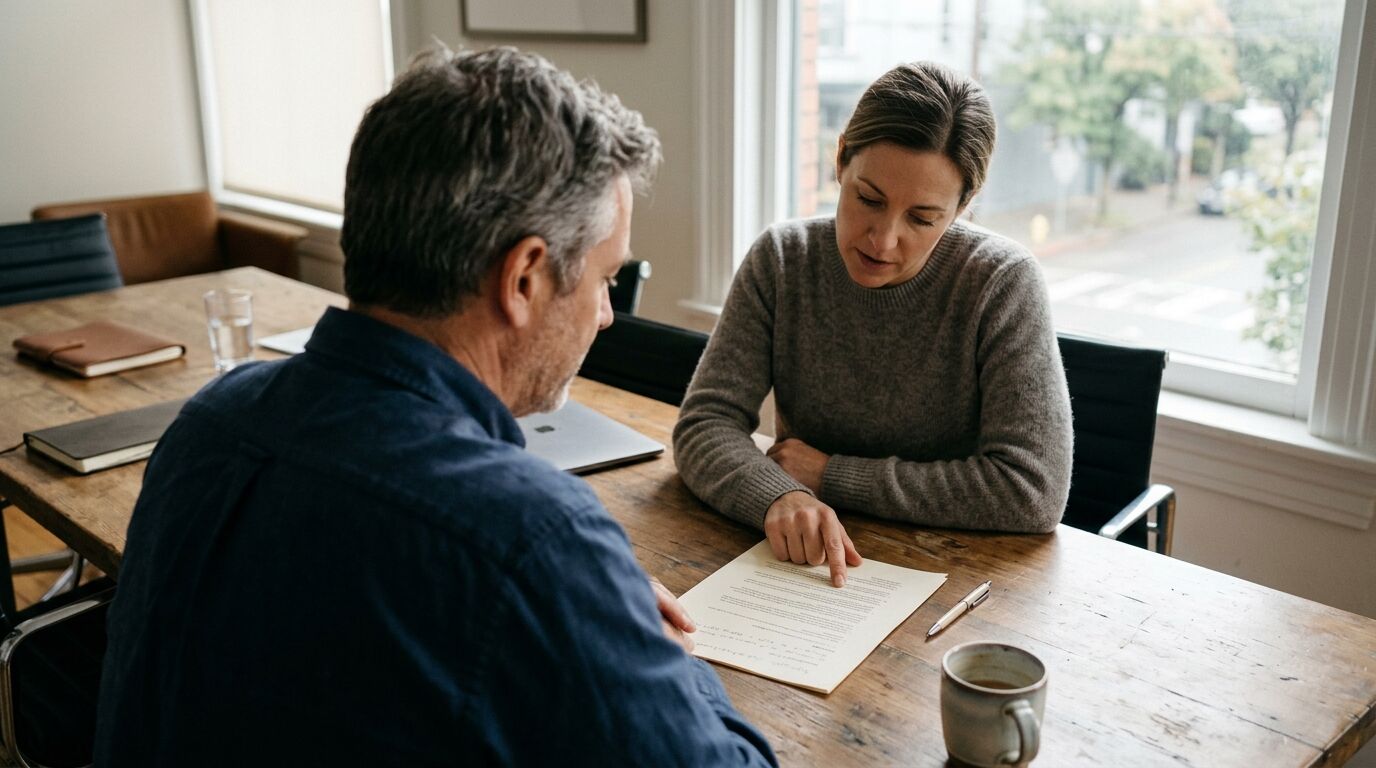 A business owner and a key employee reviewing a consent form at a conference table, the first step in Section 101(j) notice and consent requirements