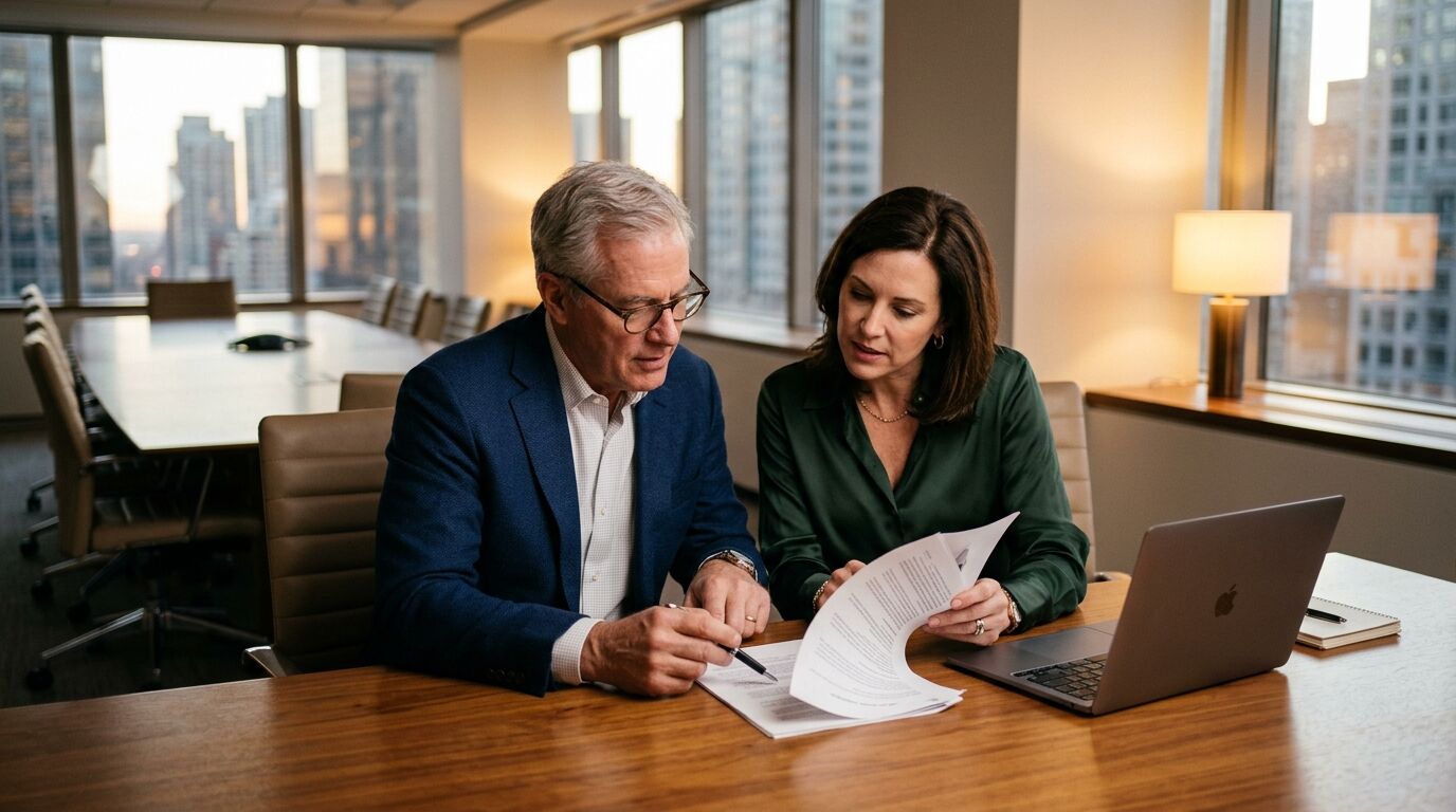 A company owner reviewing a split dollar life insurance agreement for executives with a senior manager at a conference table