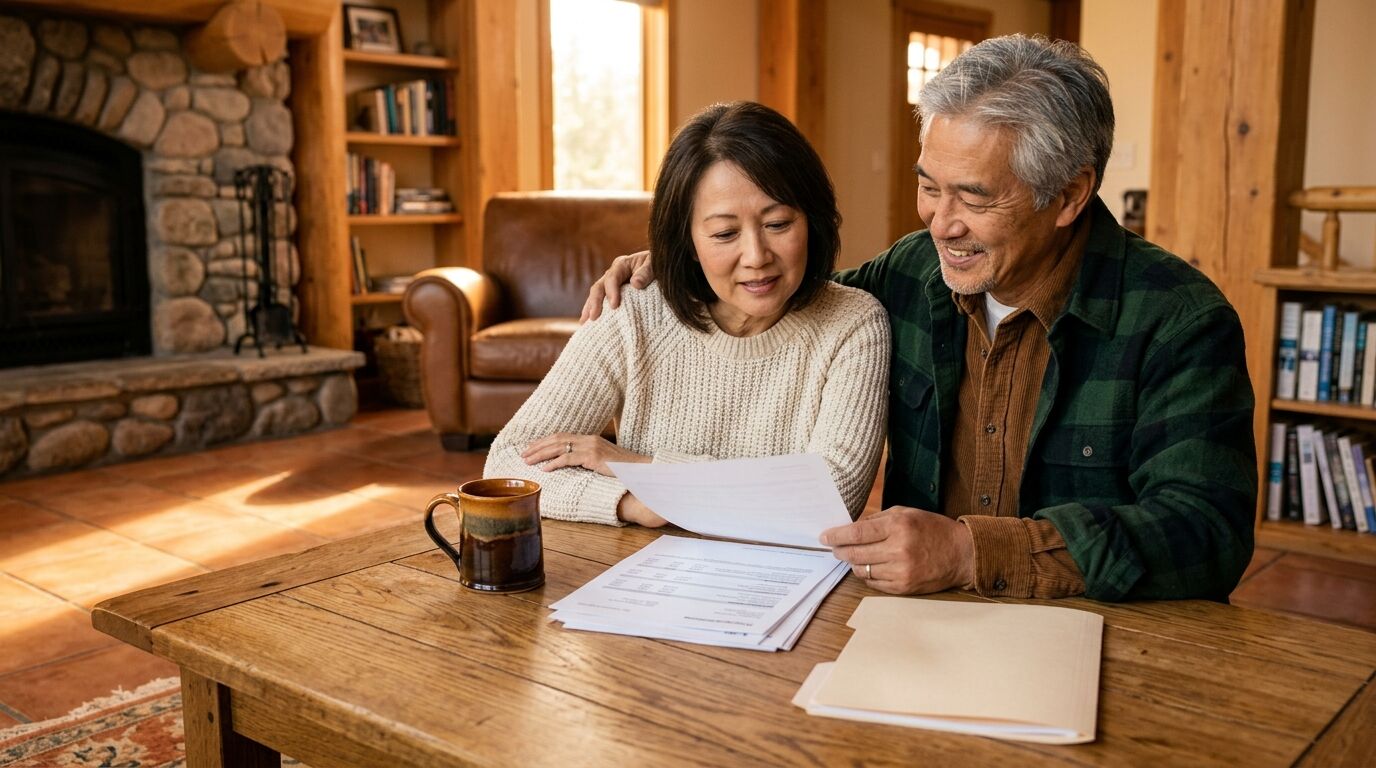 Retired couple reviewing tax free retirement income options at a sunlit living room table