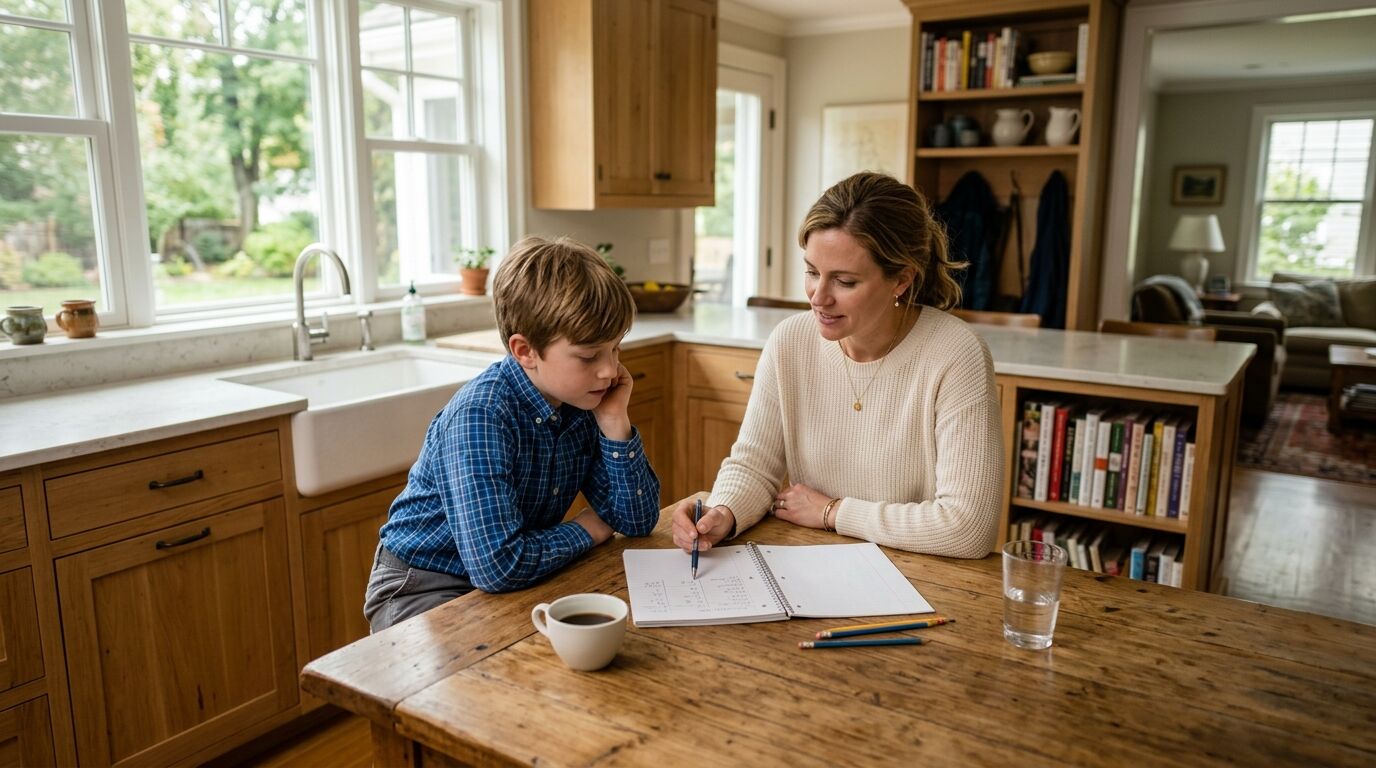 A parent teaching kids about money at the kitchen table with a savings notebook