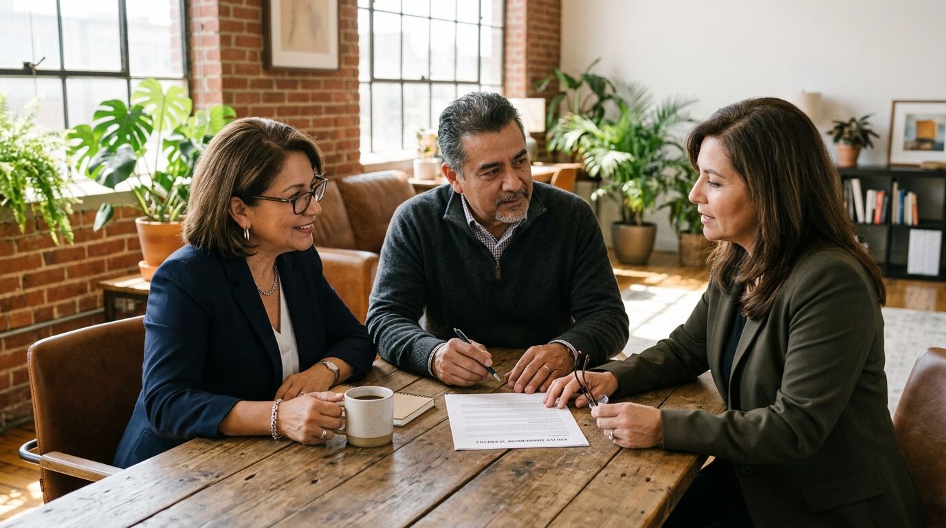 Business partners and an attorney reviewing life insurance policy ownership documents at a conference table