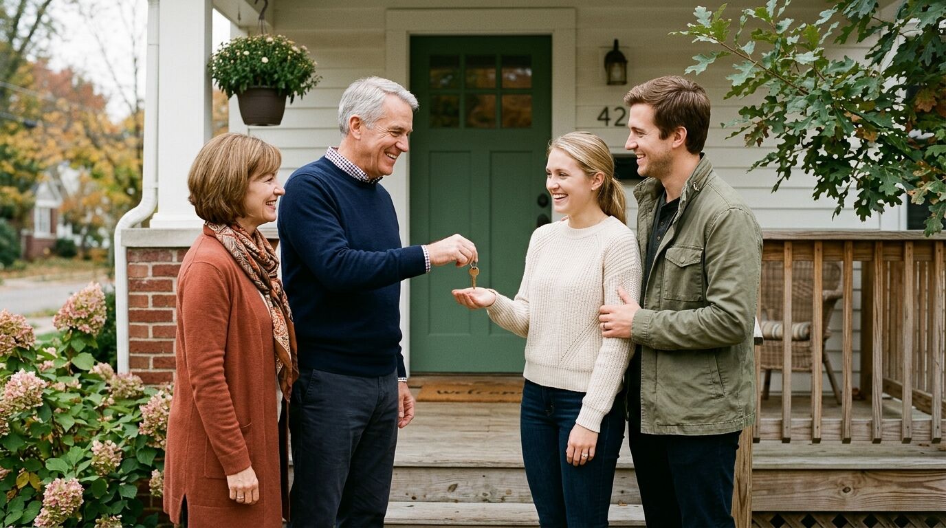 Parents handing house keys to their adult daughter and her fiance on the porch of a first home, showing a child's policy used for a first home