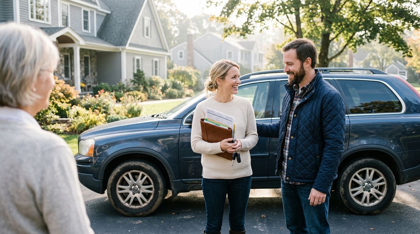 A couple in a driveway holding the keys and title to a used SUV, the everyday moment behind using a policy loan to buy a car