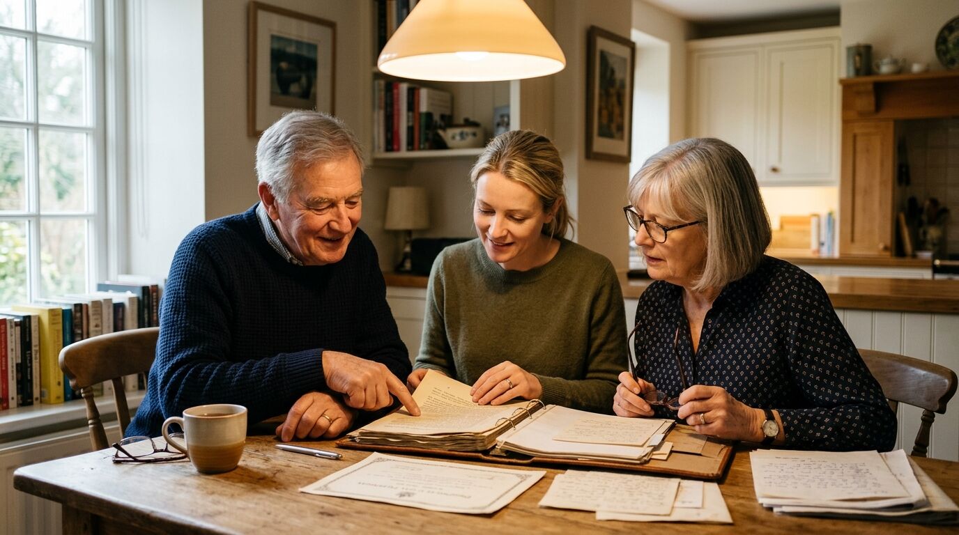 An older couple at a kitchen table with their adult daughter, going over papers for wealth distribution and legacy planning with life insurance