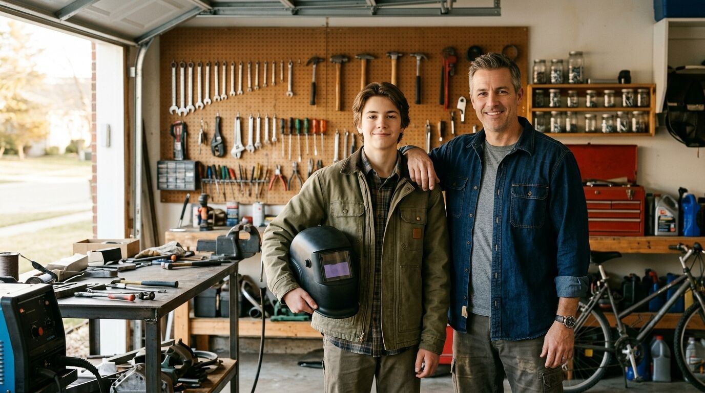 A father and his teenage son in a home workshop, thinking through what happens to a 529 if your child does not go to college