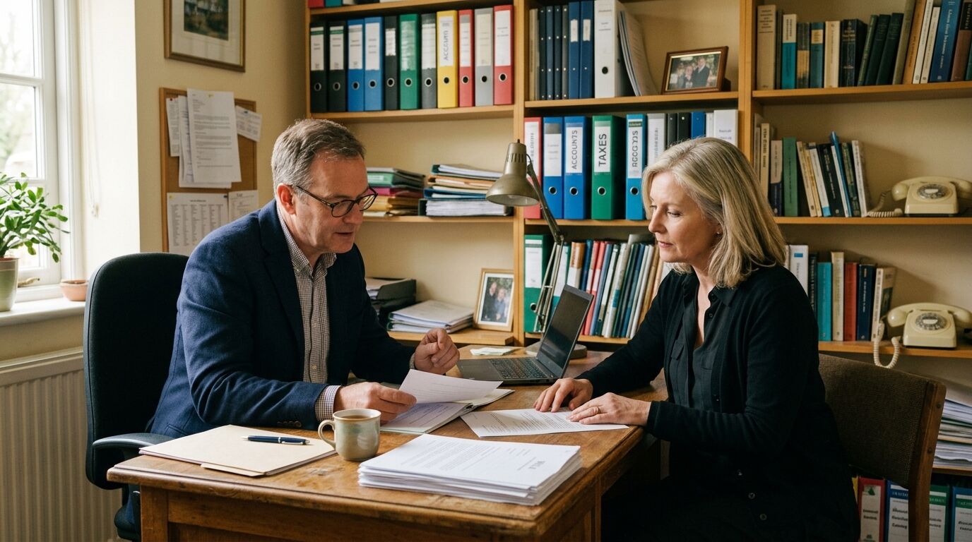 Surviving business partner and a family member reviewing papers at an office desk, showing what happens to a business when an owner dies