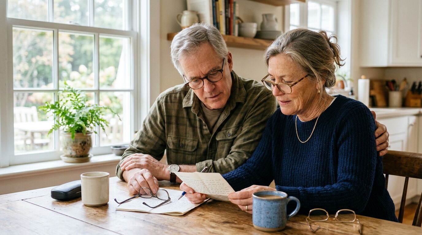 A couple at a kitchen table reading a notice about what happens when your term life insurance expires
