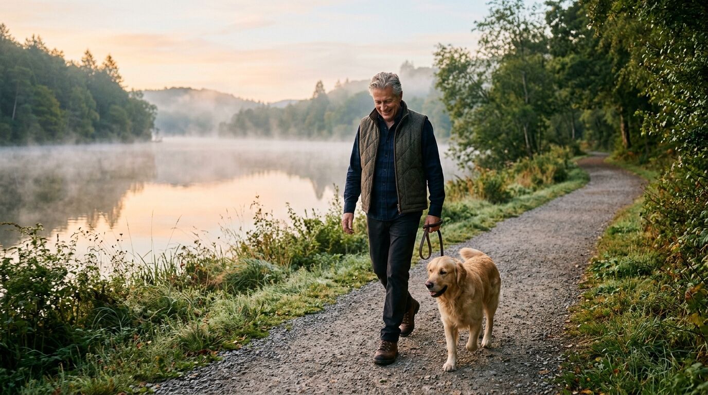 Retired man walking a dog on a quiet lakeside path at sunrise, a calm picture of a non correlated asset holding steady