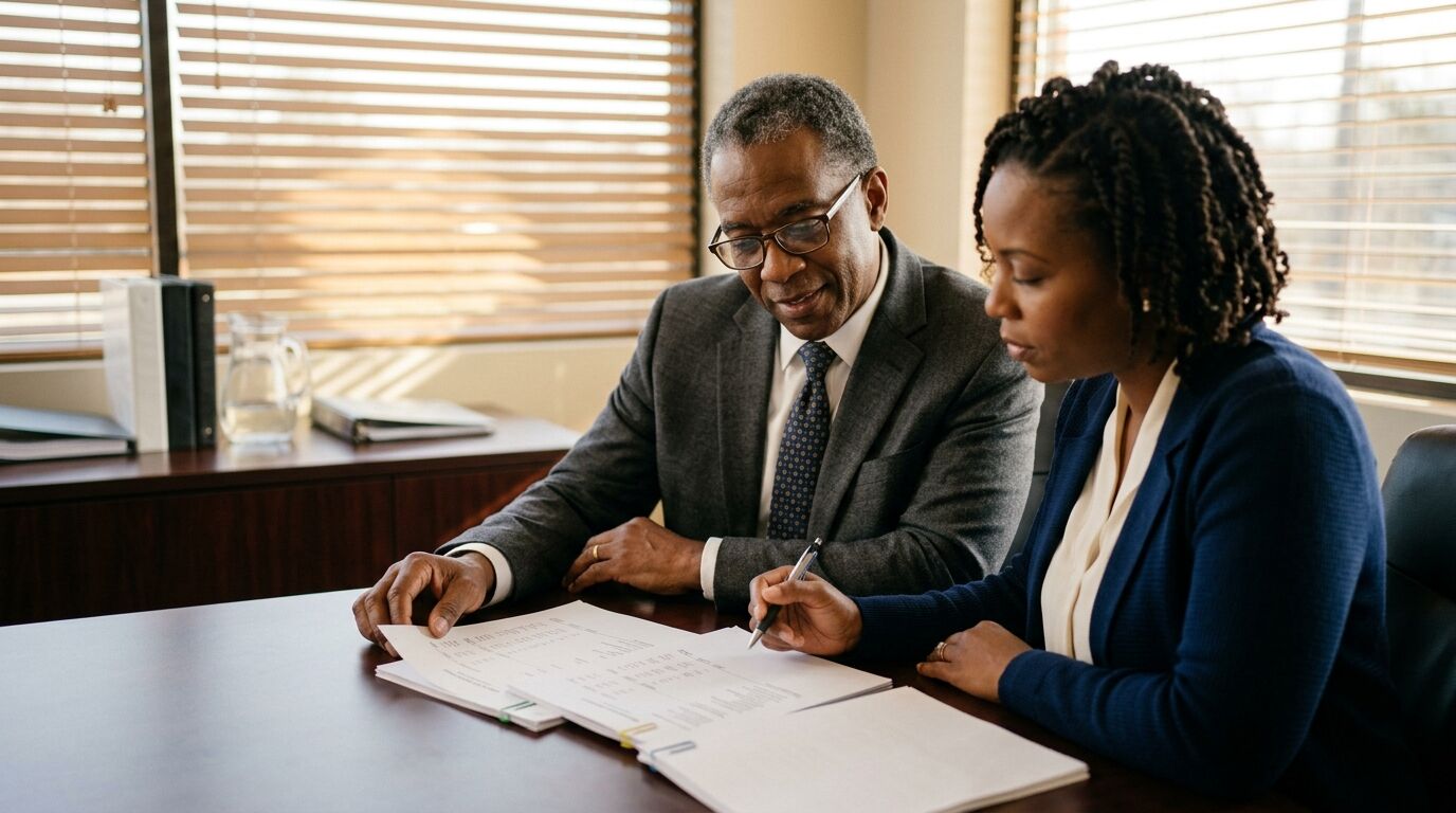 A business owner and a company officer reviewing corporate owned life insurance paperwork at a conference table