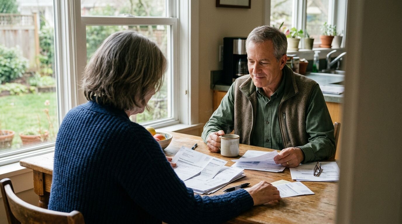 A couple reviewing statements at a kitchen table, the steady whole life cash value non correlated asset alongside their market accounts