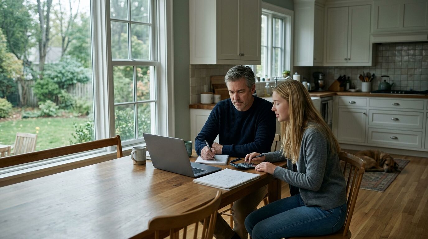 A father and his teenage daughter at the kitchen table reviewing college costs, the planning moment behind whole life insurance as a college savings alternative