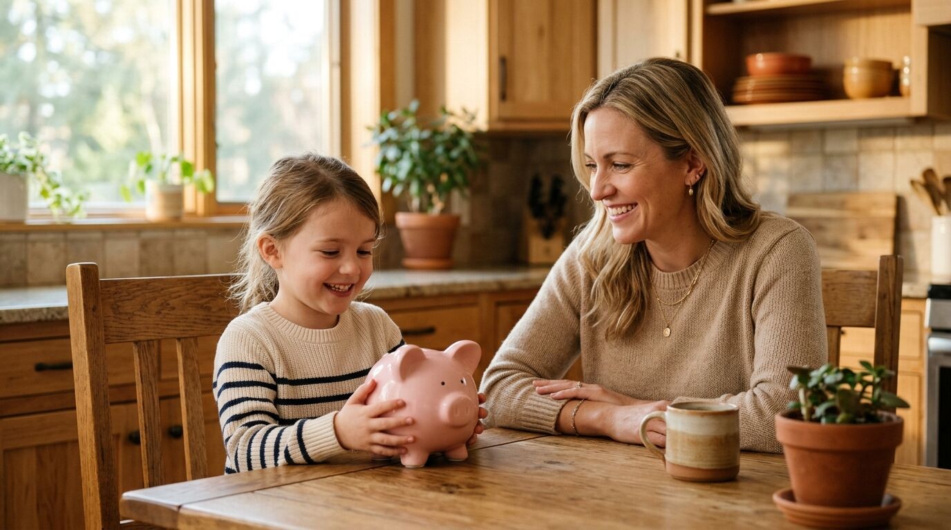 Parent and child reviewing a child whole life policy at a kitchen table