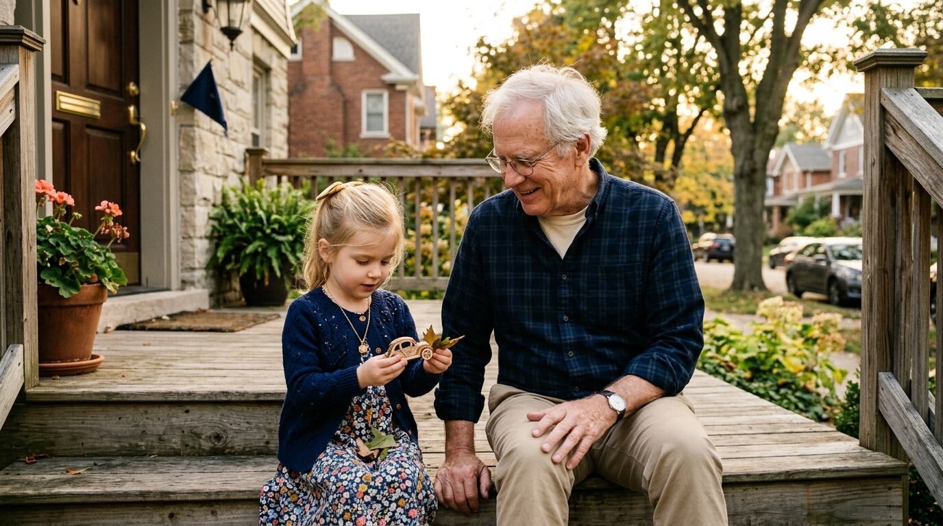 A grandfather and his granddaughter on the front porch steps, the kind of family whole life insurance for grandchildren is built around