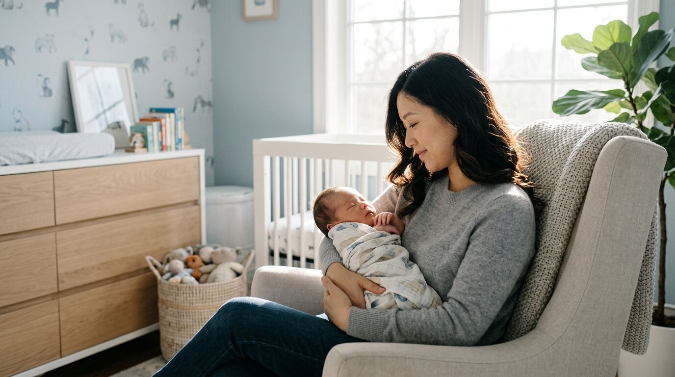 A mother cradling her sleeping newborn in a sunlit nursery, the moment many parents first consider whole life insurance for newborns
