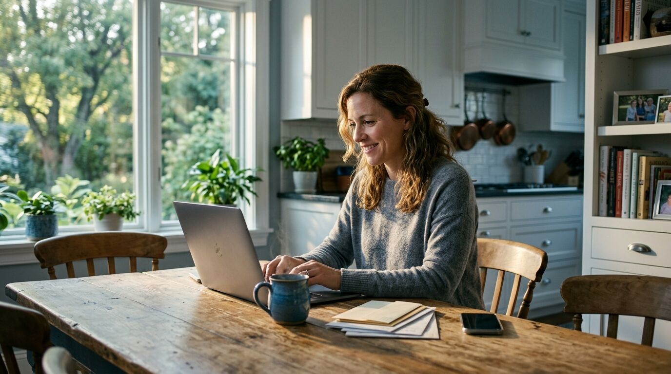 A woman at her kitchen table setting up an automatic monthly payment, whole life insurance forced savings discipline in daily practice