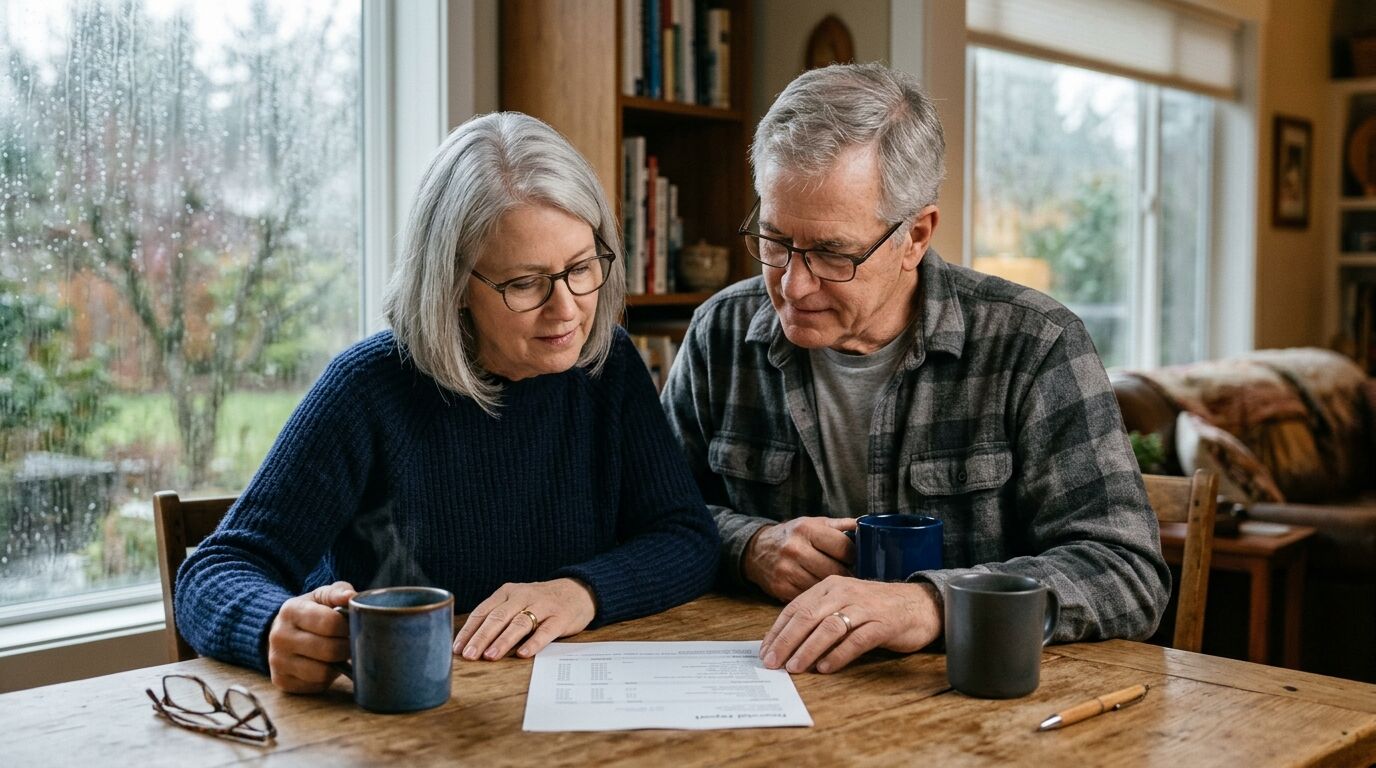 A retired couple reviewing an account statement at their kitchen table, planning how whole life insurance in a market downturn can cover income