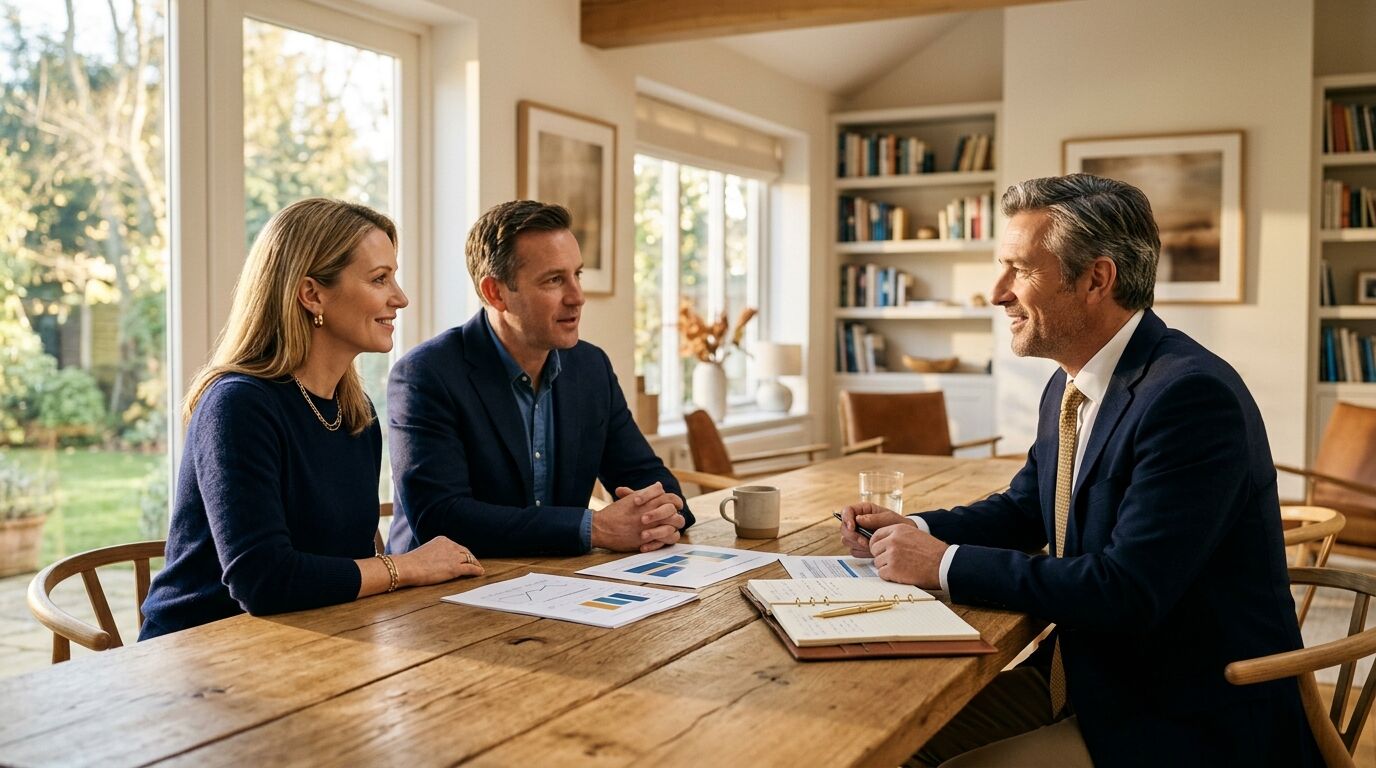 Couple comparing whole life and IUL options for infinite banking with an advisor