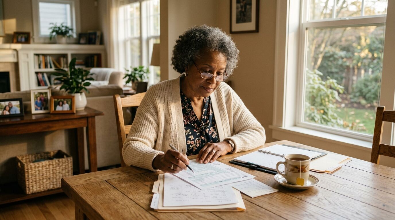 Retired woman reviewing tax paperwork at her dining table while planning for the widows penalty tax in retirement