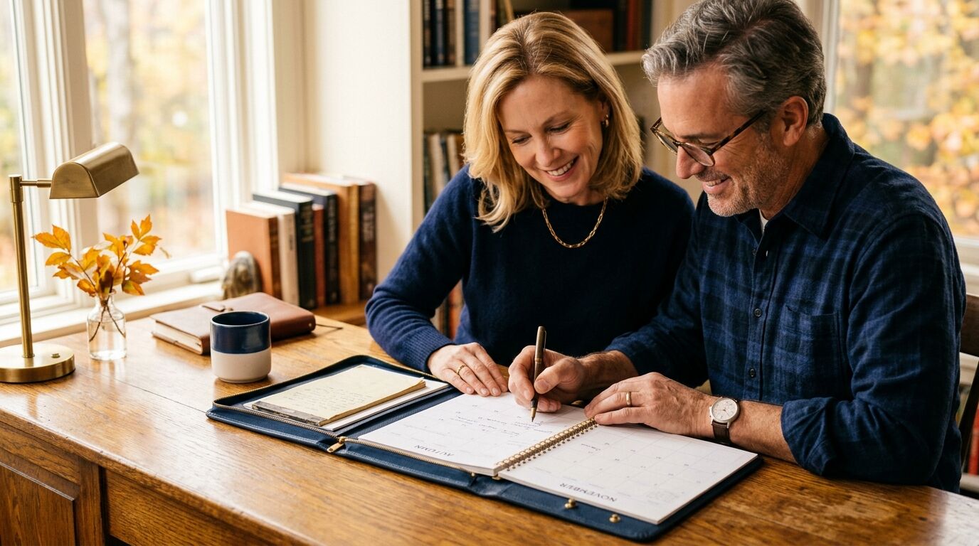 Couple reviewing a year end tax planning folder for their permanent life insurance policy at a desk in autumn light
